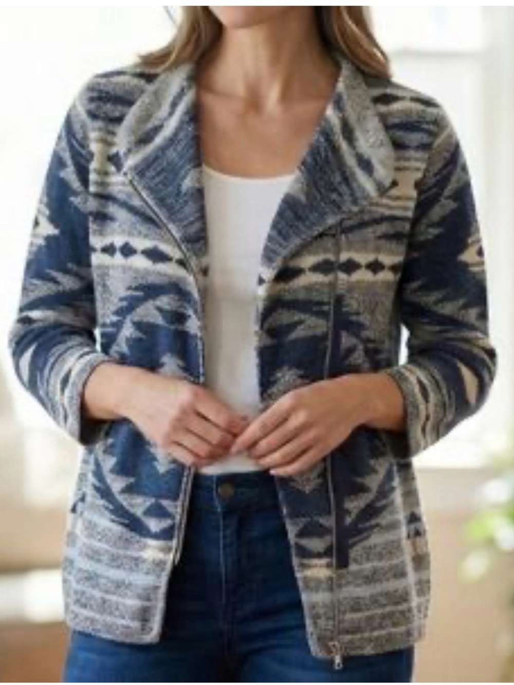 Cotton Country Navy Aztec Zipper Front Knit Cardigan Sweater Medium